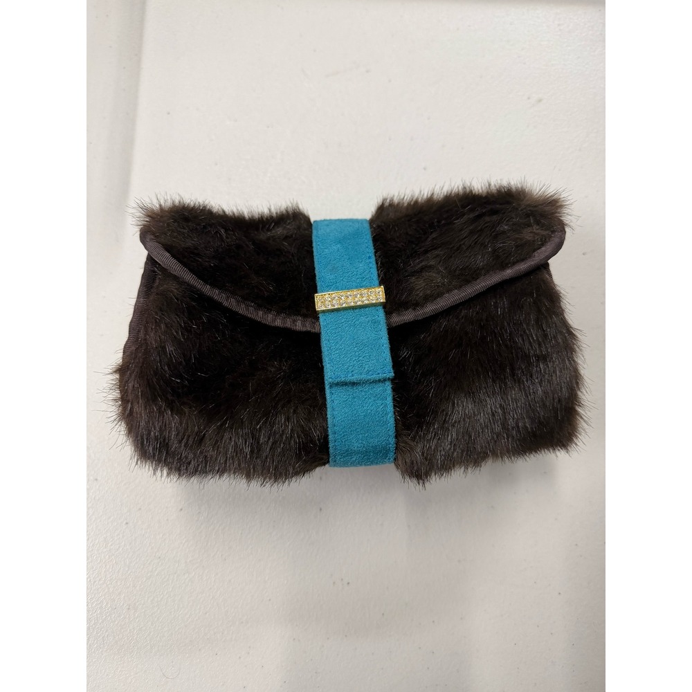 Faux Fur Evening Clutch Bag Brown Turquoise Blue Suede Strap Rhinestone Gold Bar